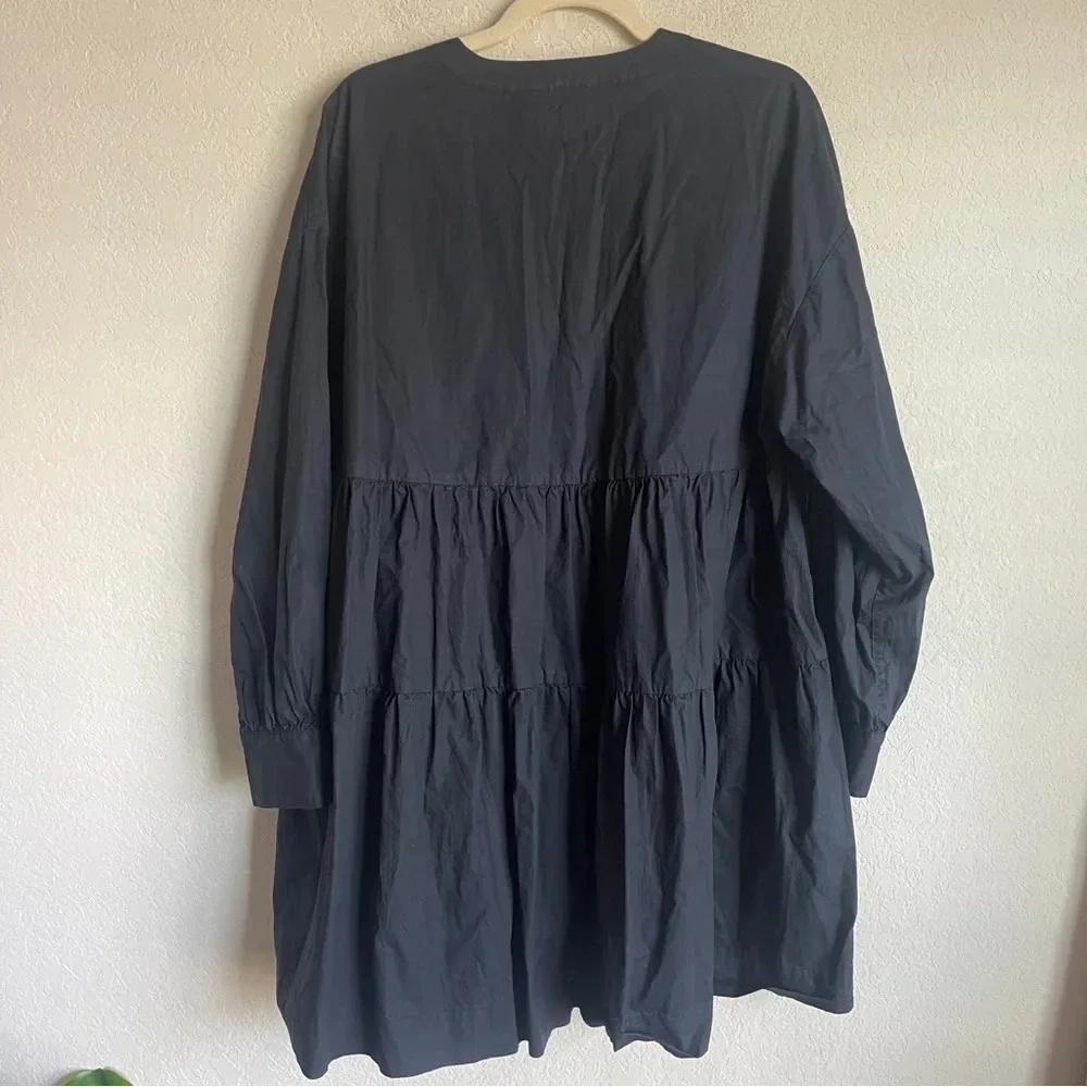 Anine Bing‎ Addison Dress Black Long Sleeve V Neck Poplin Mini Swing